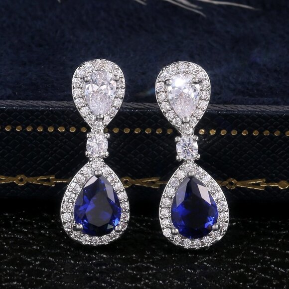 Jewelry - 💥Noble Water Drop Royal Blue And White Pear Zircon Stud Earrings,UNVN12417